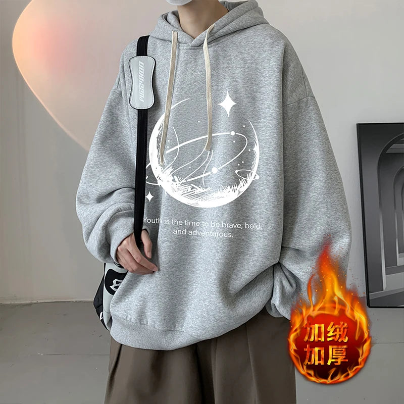 Funny Men's Oversized Hoodie Black 5XL Hoodies with Hat Oversize for Men Moon Print Man Casual Wear Hoody Male Sweatshirt