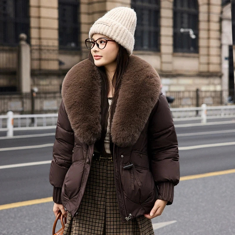2025 Fashion Big Fur Collar Down Cotton-padded Jacket Women's Short Parkas Winter Streetwear Outerwear Lady Thicken Loose Coats