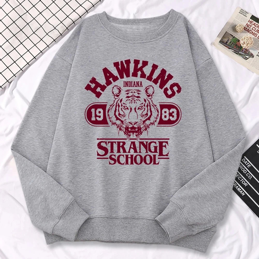 Casual Street Womens Sweatshirt Hawkins High School Indiana 1983 Printing Winter Hoodies Crewneck Pullovers Warm Fleece Clothes