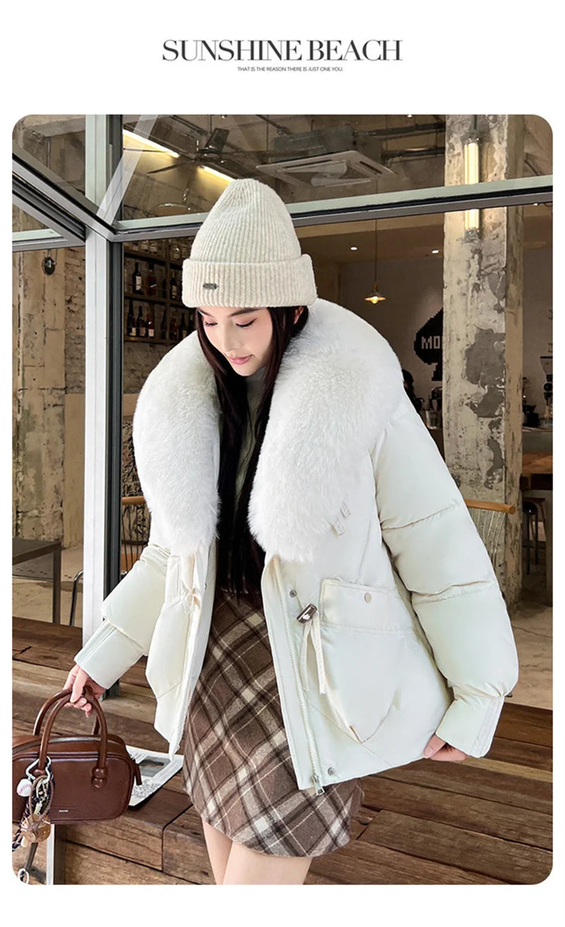 2025 Fashion Big Fur Collar Down Cotton-padded Jacket Women's Short Parkas Winter Streetwear Outerwear Lady Thicken Loose Coats