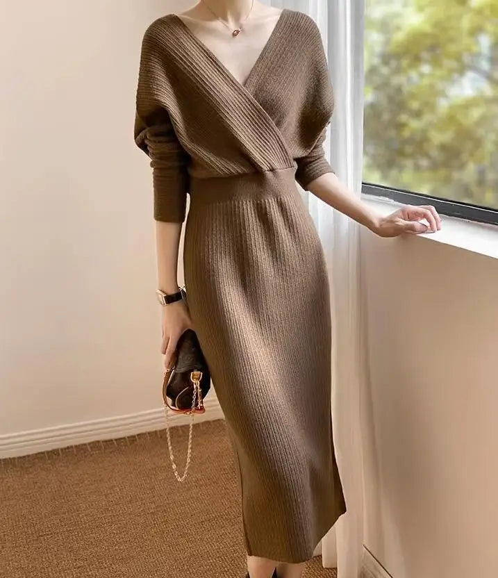 New Autumn/Winter Fashion Long Sleeve V-neck Knitted Solid Color Slim Fit Dress For Women,5 Colors