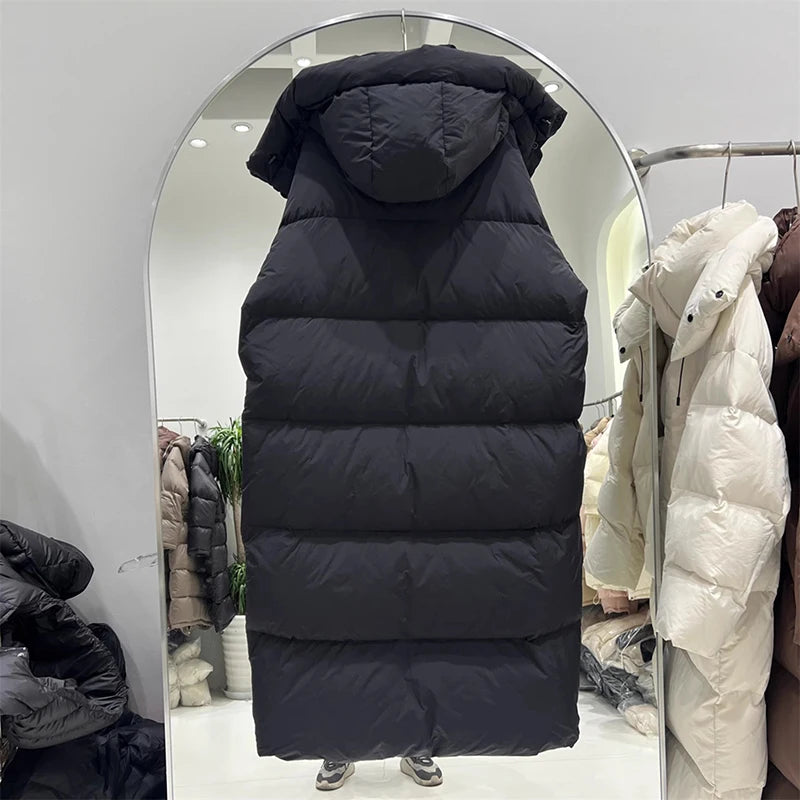 Winter Thick Long Hooded Down Jacket Female Solid Warm Outdoor Parkas Outwears Women White Duck Down Knee Length Down Jackets