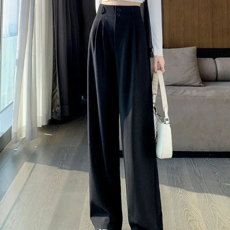 Korean style high waisted black loose pants for office ladies, fashionable loose suit pants for street wear, straight leg pants