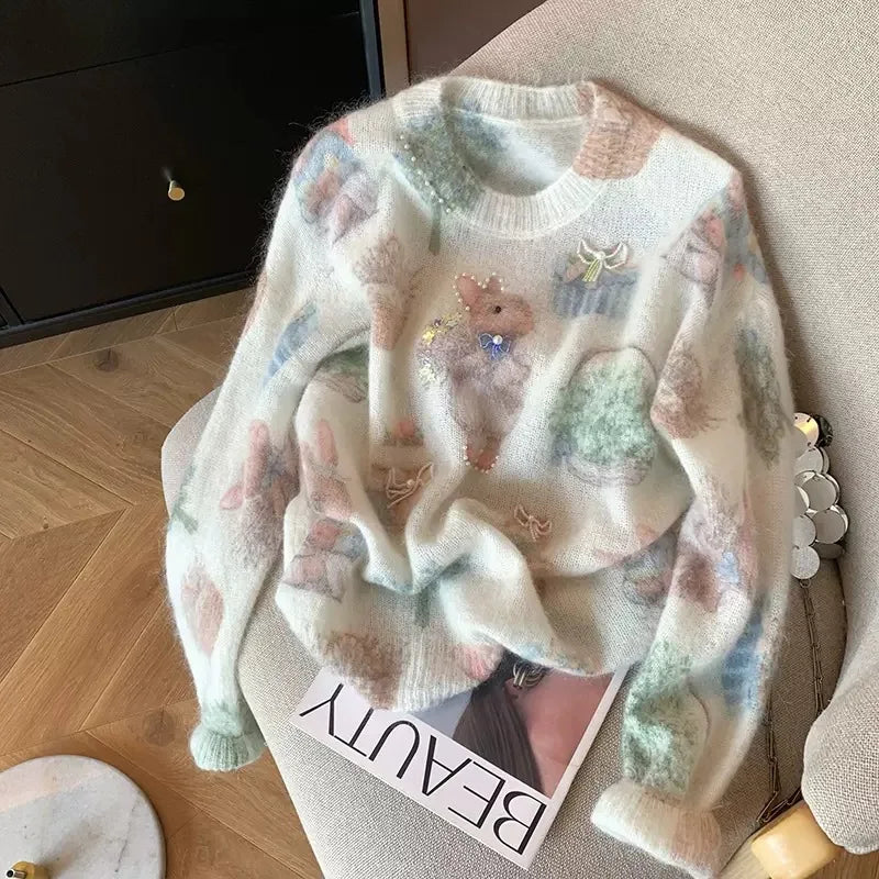 Fashion Rabbit Printed Beaded Sweater Women's Autumn Winter New Soft Glutinous Design Sense Knitted Top Luxury Sequin Sweaters