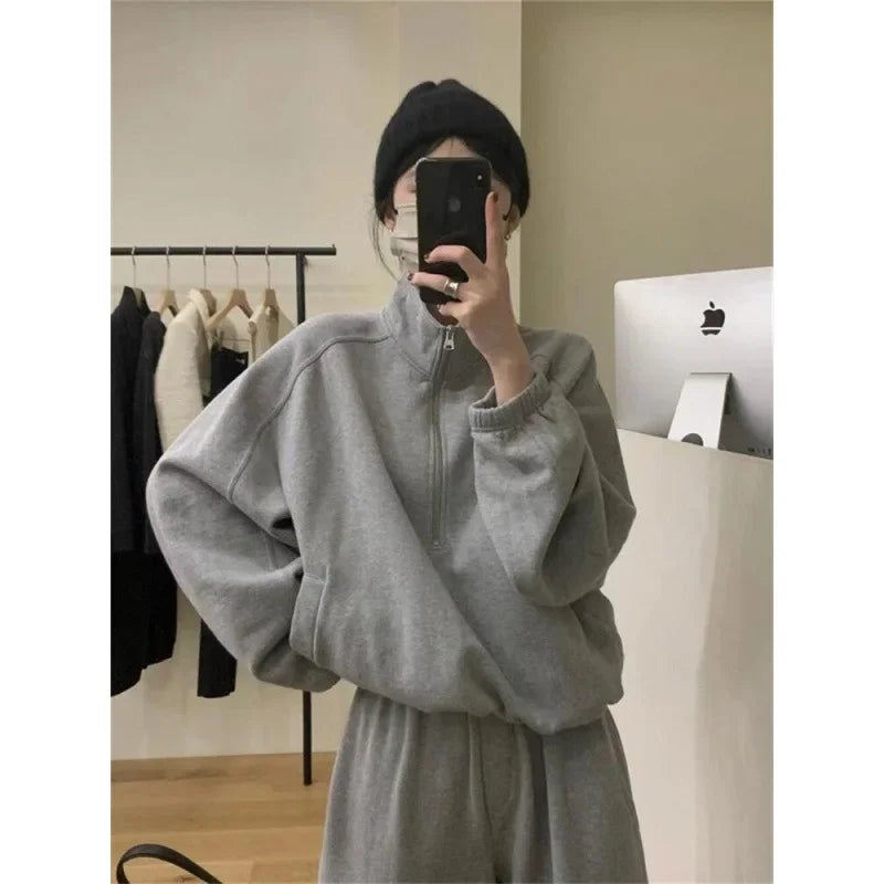 Fashionable Loose Sportswear Set for Women Casual Style Stand Collar Sweatshirt And Pants Two-Piece Suit Cotton Made in China