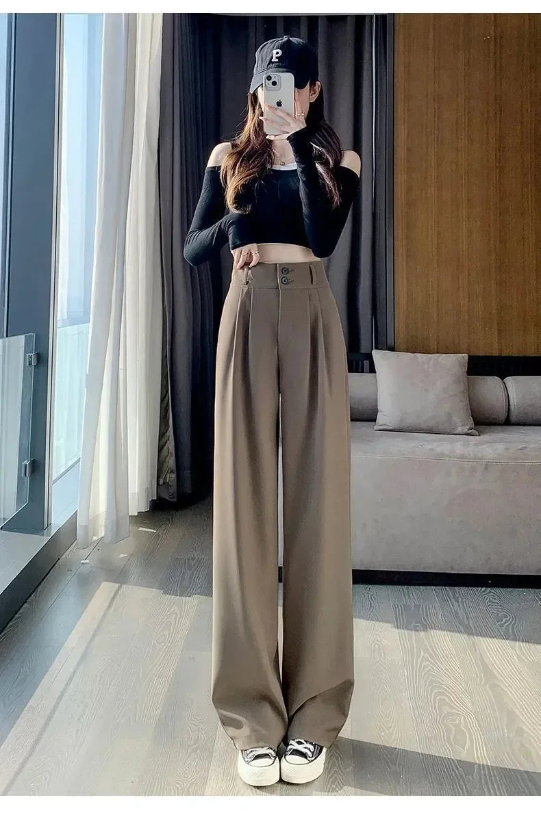 Korean style high waisted black loose pants for office ladies, fashionable loose suit pants for street wear, straight leg pants