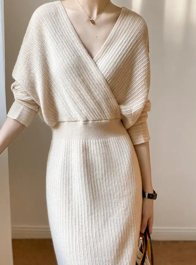 New Autumn/Winter Fashion Long Sleeve V-neck Knitted Solid Color Slim Fit Dress For Women,5 Colors
