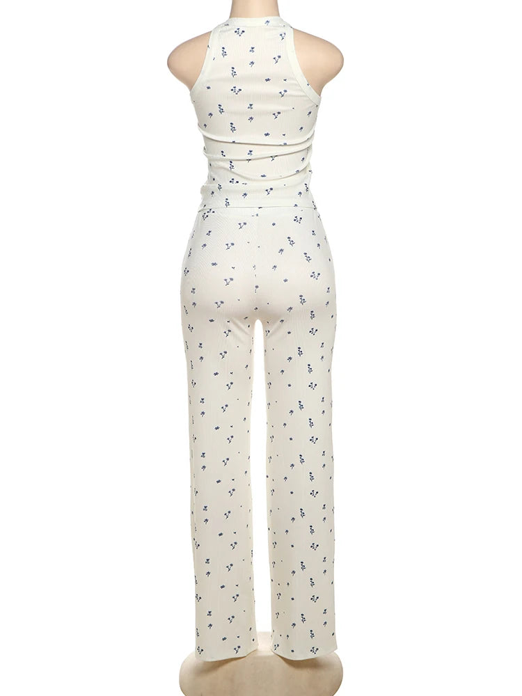Weird Puss Casual Ribbed 2 Piece Set Women Flower Print Squard Collar Tops+Straight Pants Matching Daily Simple Elegant Suits