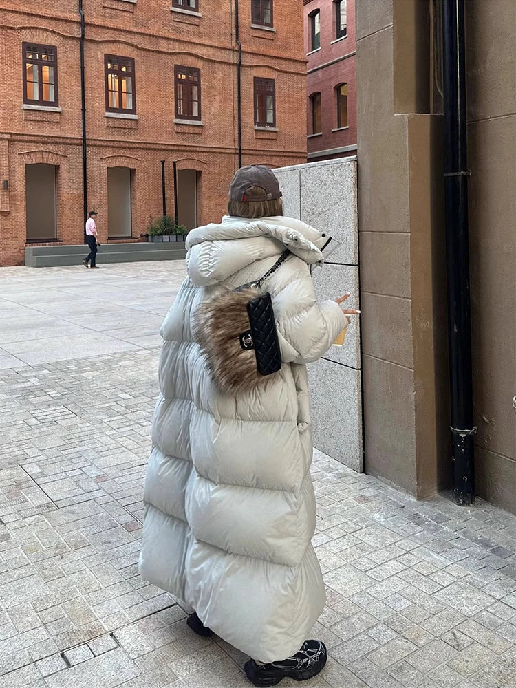 Winter Thick Long Hooded Down Jacket Female Solid Warm Outdoor Parkas Outwears Women White Duck Down Knee Length Down Jackets