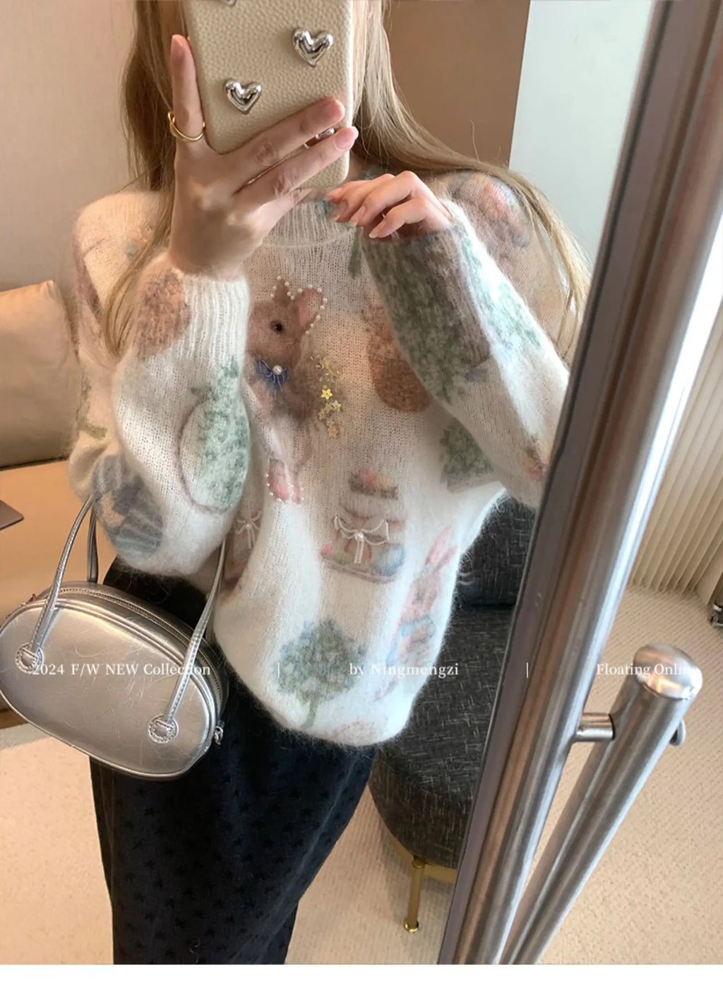 Fashion Rabbit Printed Beaded Sweater Women's Autumn Winter New Soft Glutinous Design Sense Knitted Top Luxury Sequin Sweaters