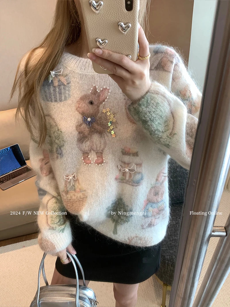 Fashion Rabbit Printed Beaded Sweater Women's Autumn Winter New Soft Glutinous Design Sense Knitted Top Luxury Sequin Sweaters