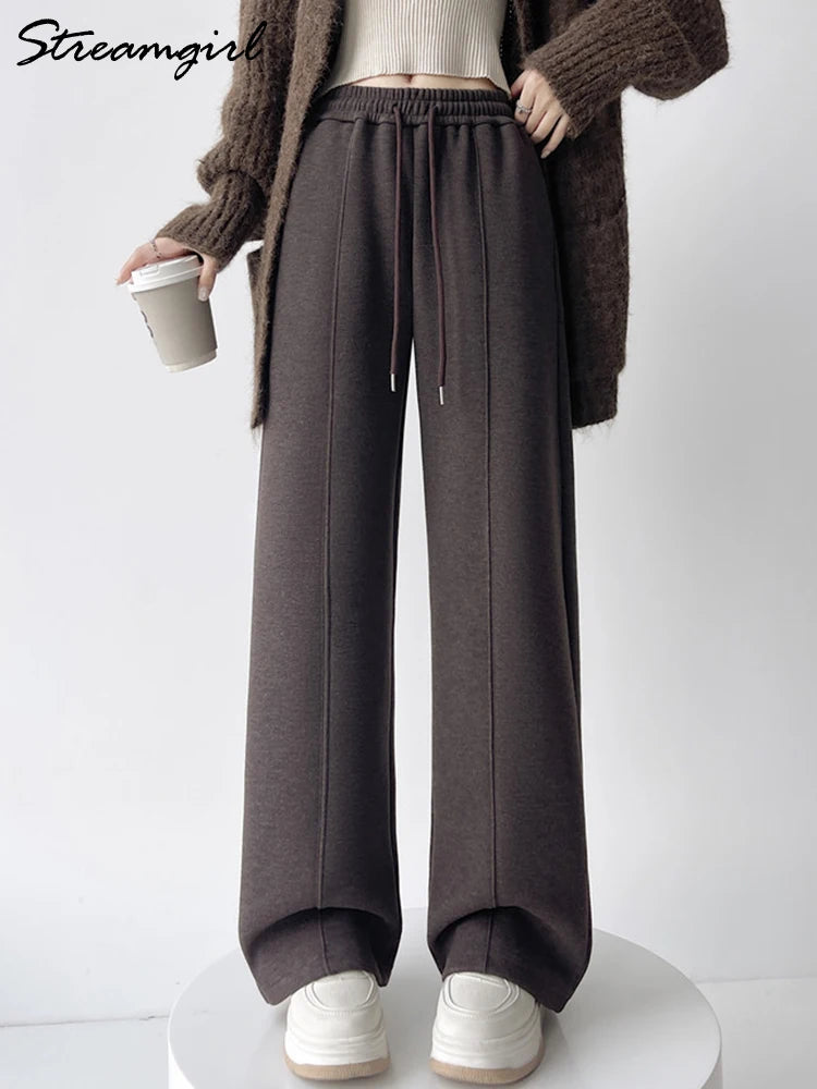 Streamgirl Thick Warm Straight Pants For Women Office Brown Wide Leg Trousers High Waist Women's Loose Pants For Ladies Spring