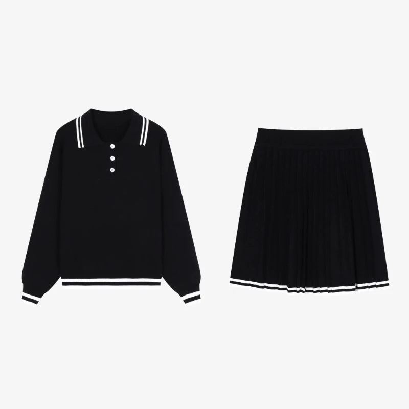College Style Elegant Sweater Skirt Suit Women Fashion Polo Neck Tops + Pleated Mini Skirt Harajuku Knit Casual Two Piece Suit
