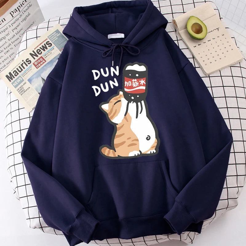 Cat Drinking Beverages Print Sweatshirts Clothes Women Casual 90s Kangaroo Pocket Hoodies Unisex Fashion Funny Hooded Pullovers