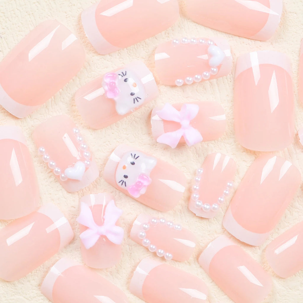 24 Medium Square Nail Pink French Cute Cartoon Cat White Love Camellia Nail Patch Jelly Powder Bow Wear Nail Set