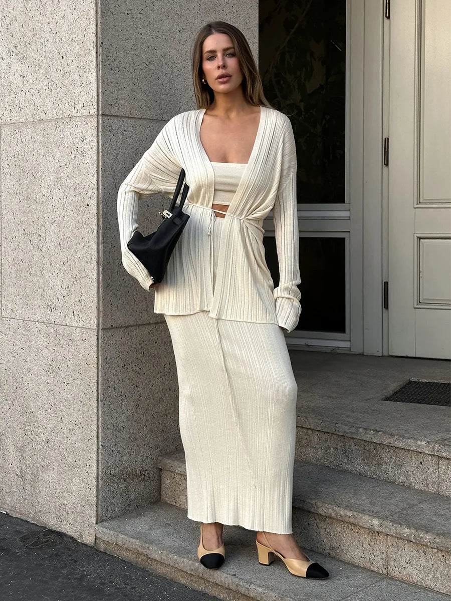 Vest Sweater 3-piece SetWomen's Minimalist Autumn Winter Knit Set Cardigan Camisole Skirt Loose Design Solid Color