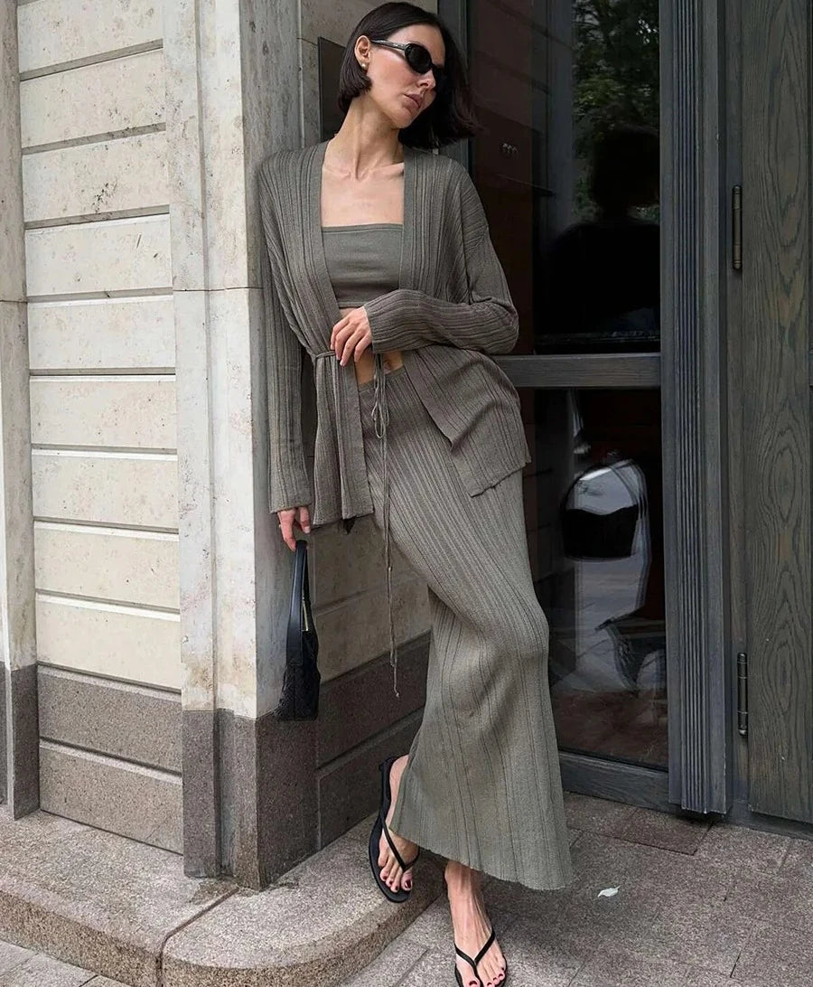 Vest Sweater 3-piece SetWomen's Minimalist Autumn Winter Knit Set Cardigan Camisole Skirt Loose Design Solid Color