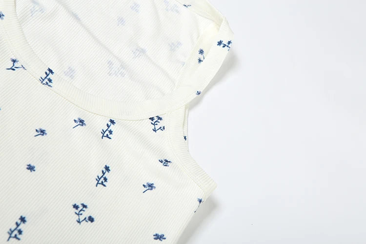 Weird Puss Casual Ribbed 2 Piece Set Women Flower Print Squard Collar Tops+Straight Pants Matching Daily Simple Elegant Suits