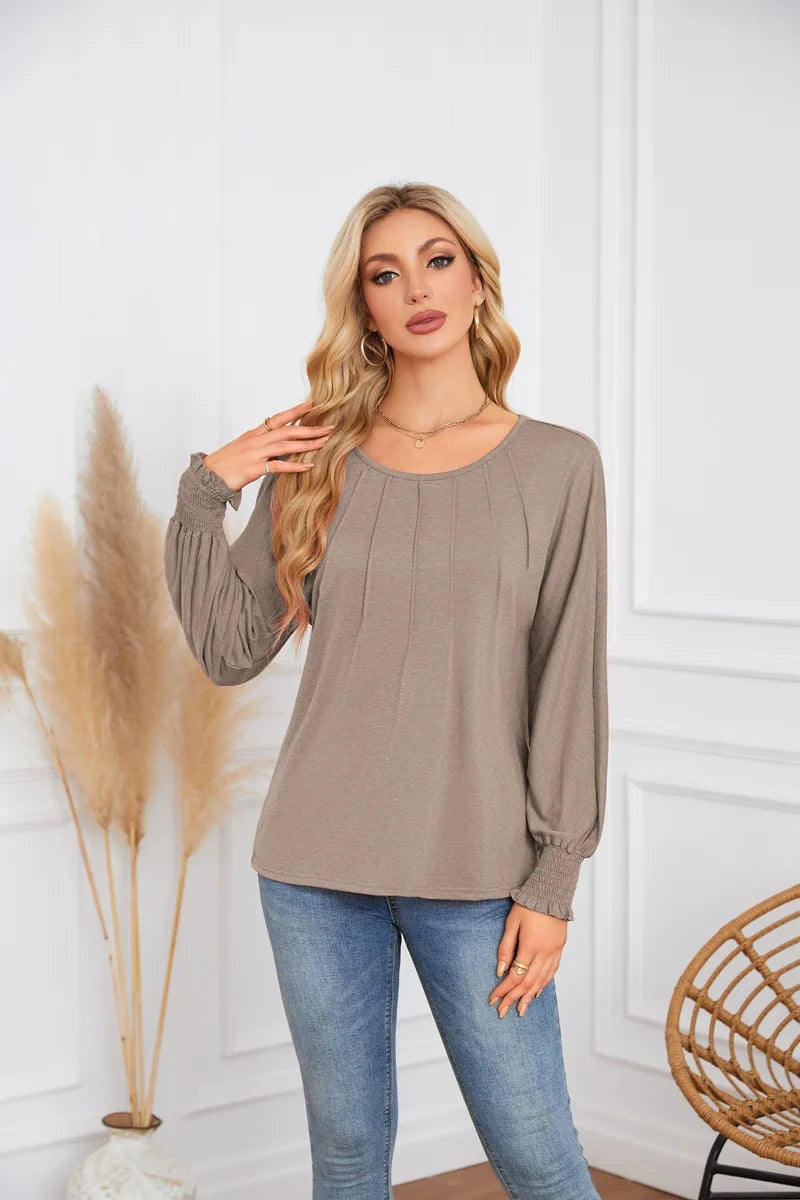 Woman Clothes Solid Color Pleated Top Round Neck Lantern Sleeves Loose Fit Multi Color Options Casual Outings Daily Wear
