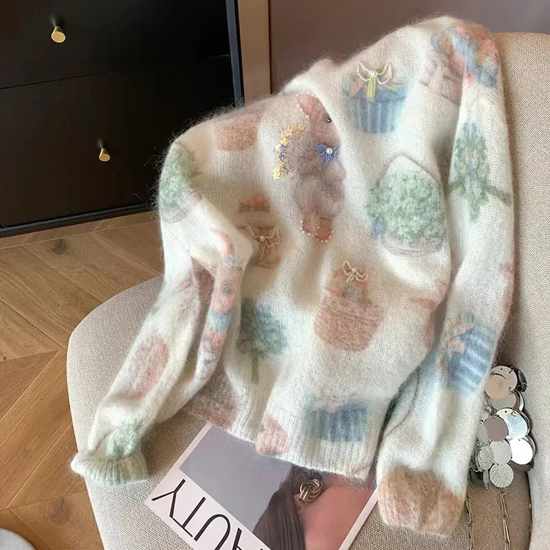 Fashion Rabbit Printed Beaded Sweater Women's Autumn Winter New Soft Glutinous Design Sense Knitted Top Luxury Sequin Sweaters