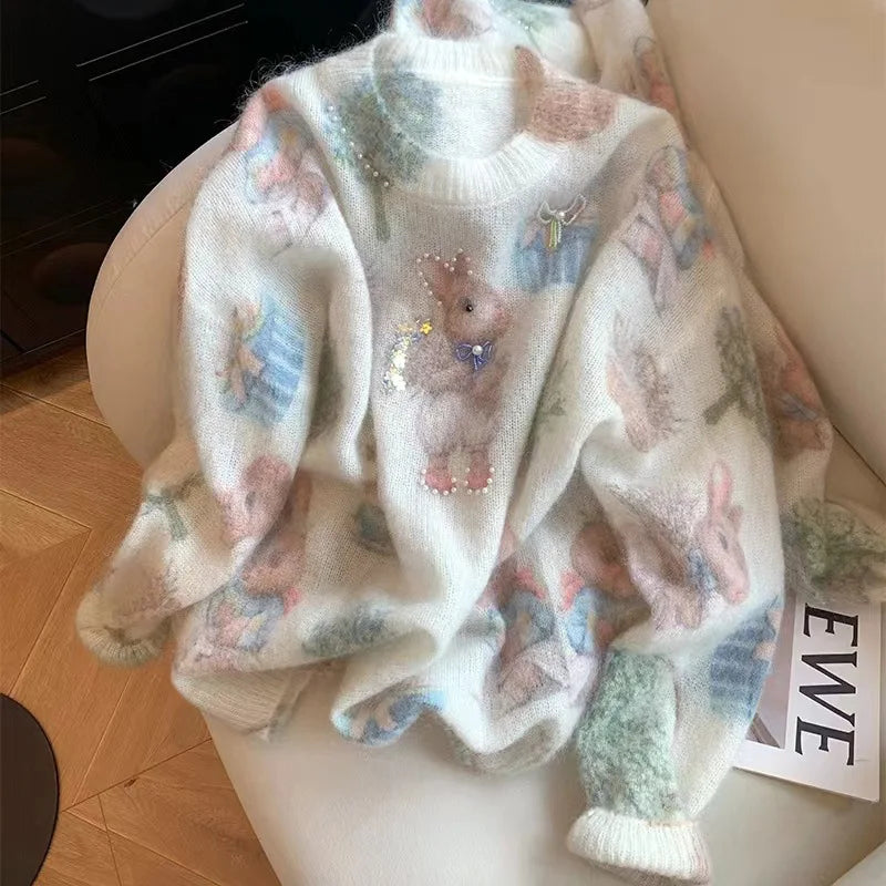 Fashion Rabbit Printed Beaded Sweater Women's Autumn Winter New Soft Glutinous Design Sense Knitted Top Luxury Sequin Sweaters