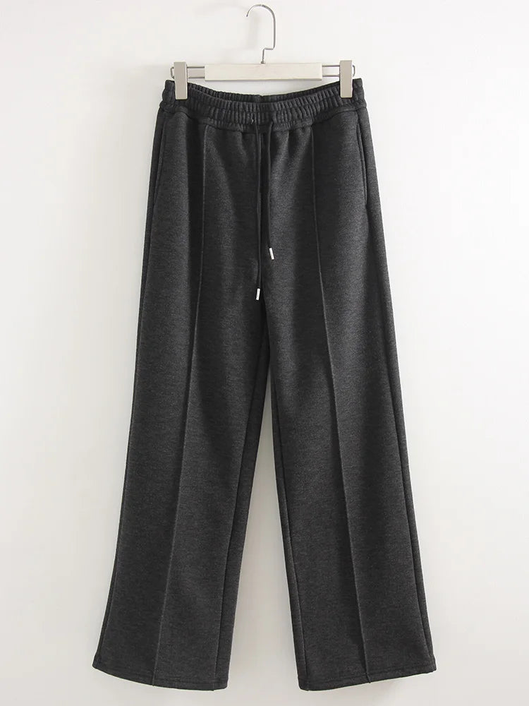 Streamgirl Thick Warm Straight Pants For Women Office Brown Wide Leg Trousers High Waist Women's Loose Pants For Ladies Spring