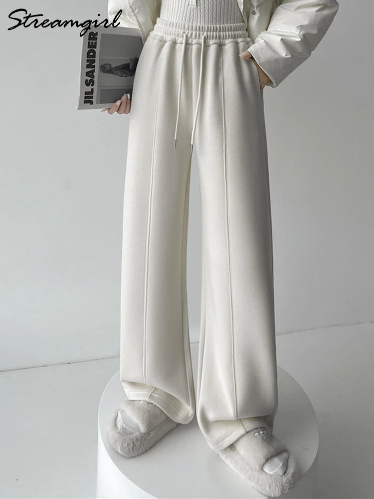 Streamgirl Thick Warm Straight Pants For Women Office Brown Wide Leg Trousers High Waist Women's Loose Pants For Ladies Spring