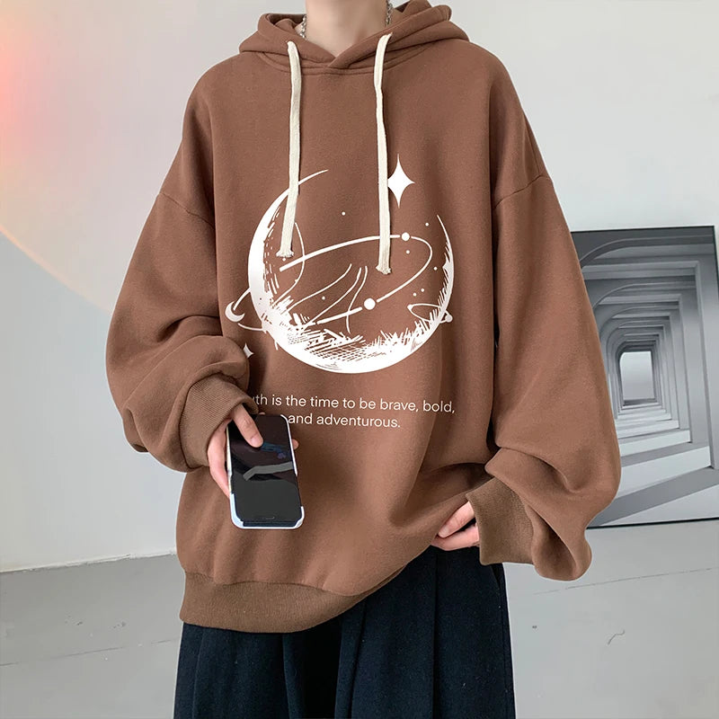 Funny Men's Oversized Hoodie Black 5XL Hoodies with Hat Oversize for Men Moon Print Man Casual Wear Hoody Male Sweatshirt