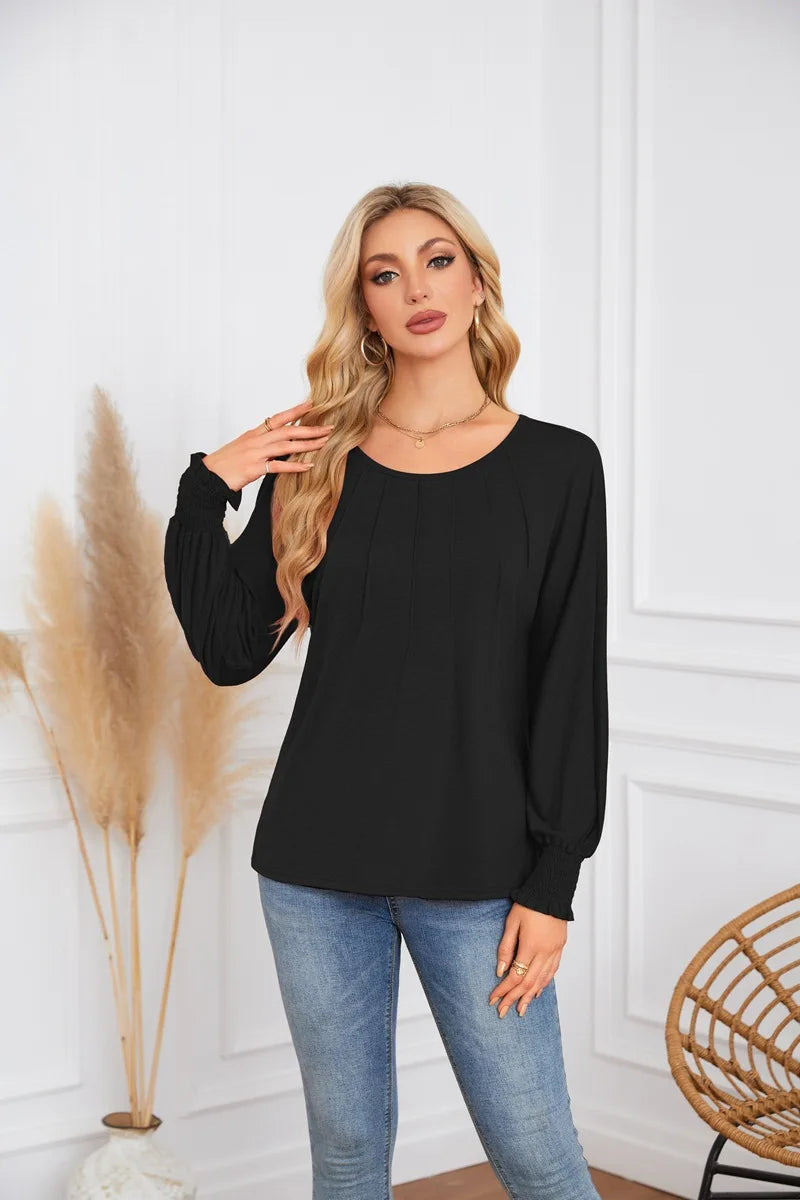 Woman Clothes Solid Color Pleated Top Round Neck Lantern Sleeves Loose Fit Multi Color Options Casual Outings Daily Wear