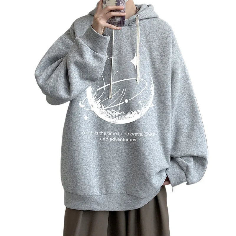 Funny Men's Oversized Hoodie Black 5XL Hoodies with Hat Oversize for Men Moon Print Man Casual Wear Hoody Male Sweatshirt