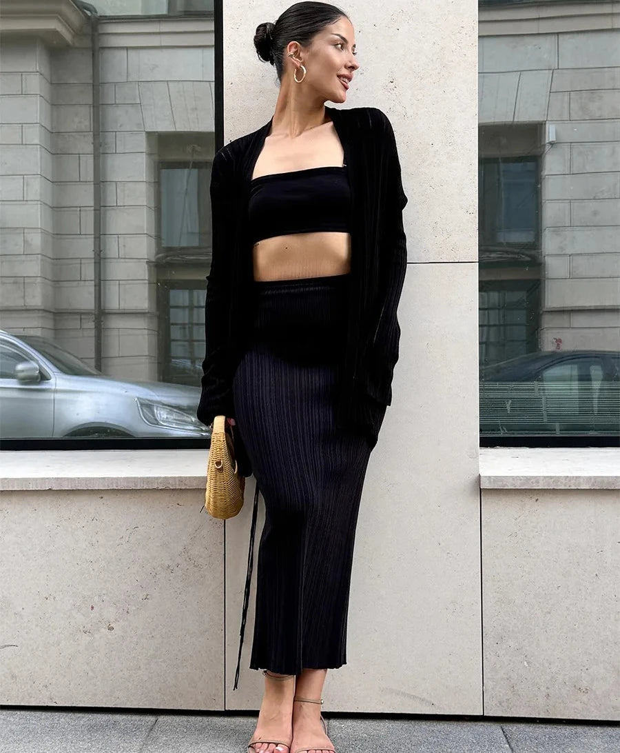 Vest Sweater 3-piece SetWomen's Minimalist Autumn Winter Knit Set Cardigan Camisole Skirt Loose Design Solid Color