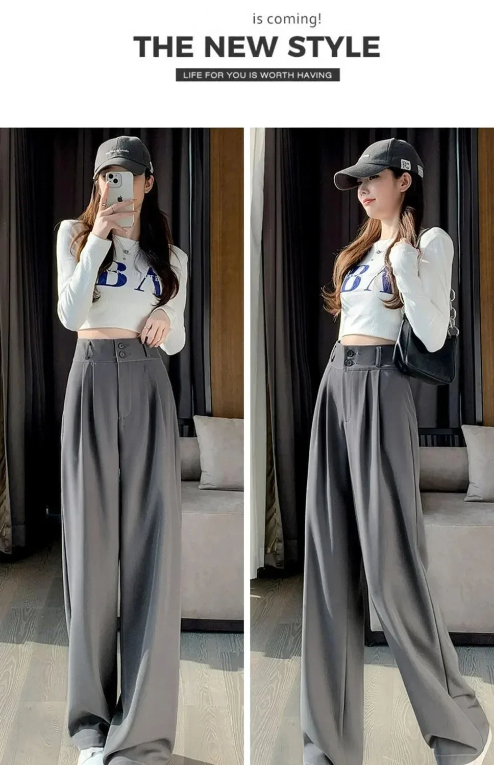 Korean style high waisted black loose pants for office ladies, fashionable loose suit pants for street wear, straight leg pants