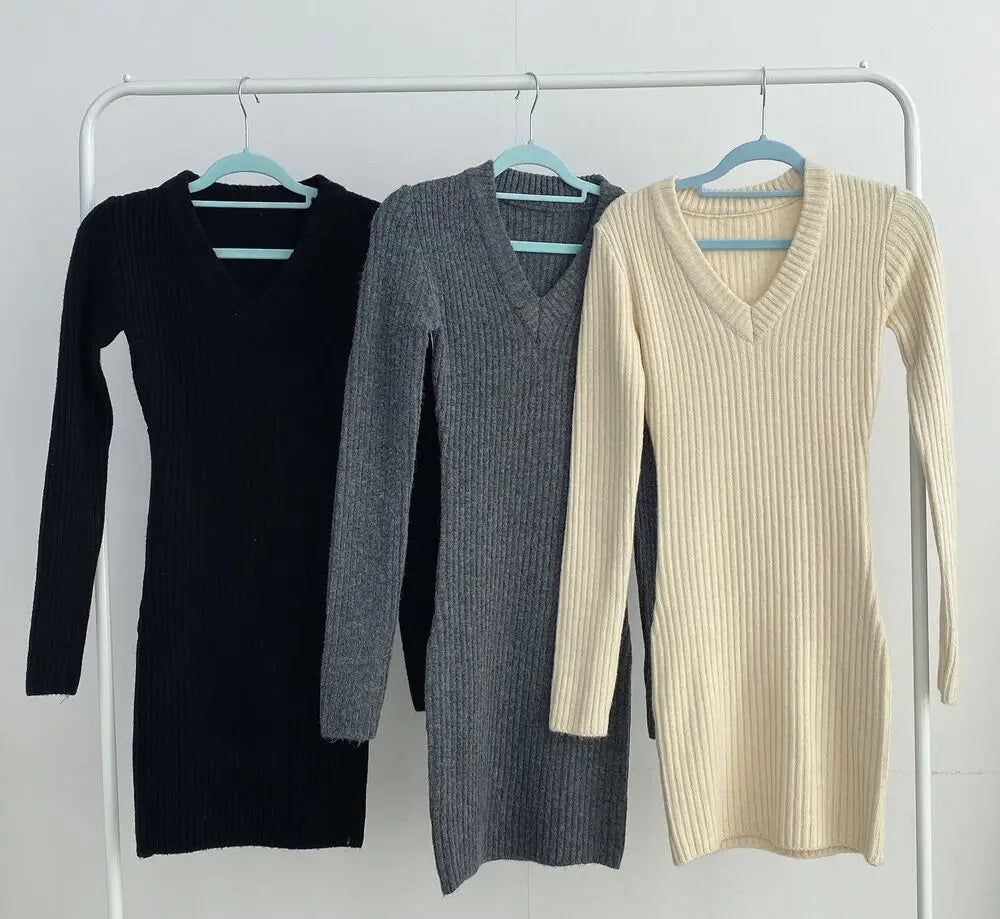 Women Autumn Long Sleeve Bodycon Dress Casual Solid Midi Sweater Dress Knit V-Neck Slim Sexy Dresses For Women Winter 2024