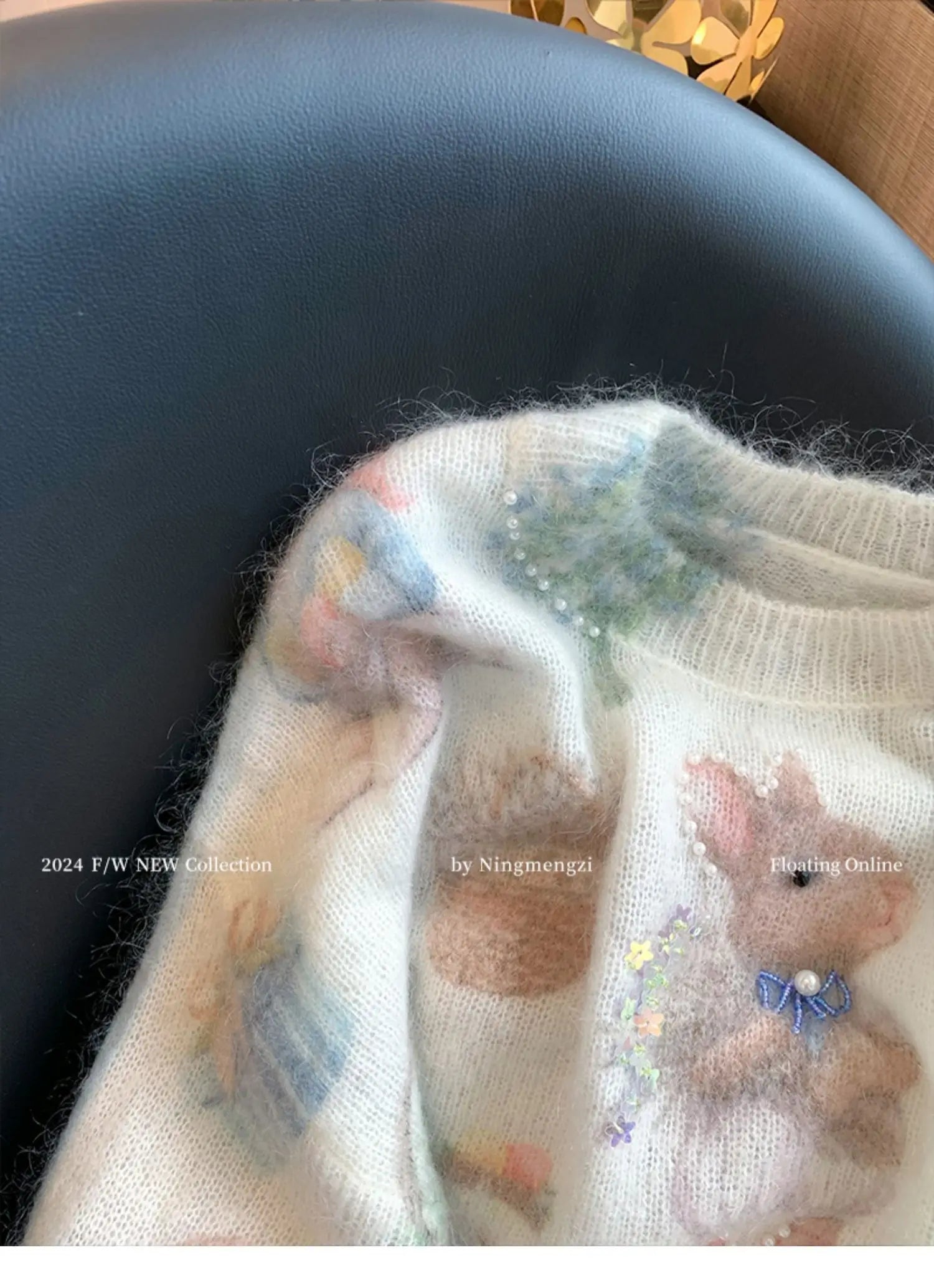 Fashion Rabbit Printed Beaded Sweater Women's Autumn Winter New Soft Glutinous Design Sense Knitted Top Luxury Sequin Sweaters