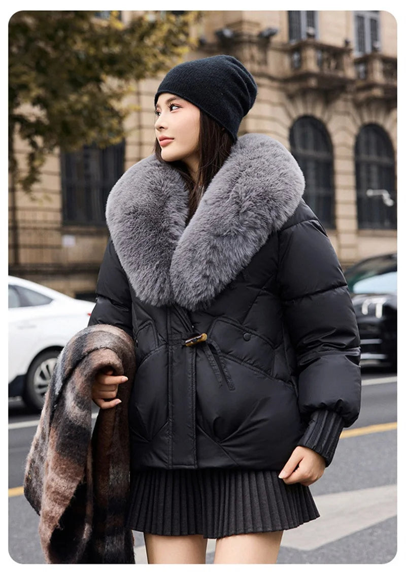 2025 Fashion Big Fur Collar Down Cotton-padded Jacket Women's Short Parkas Winter Streetwear Outerwear Lady Thicken Loose Coats