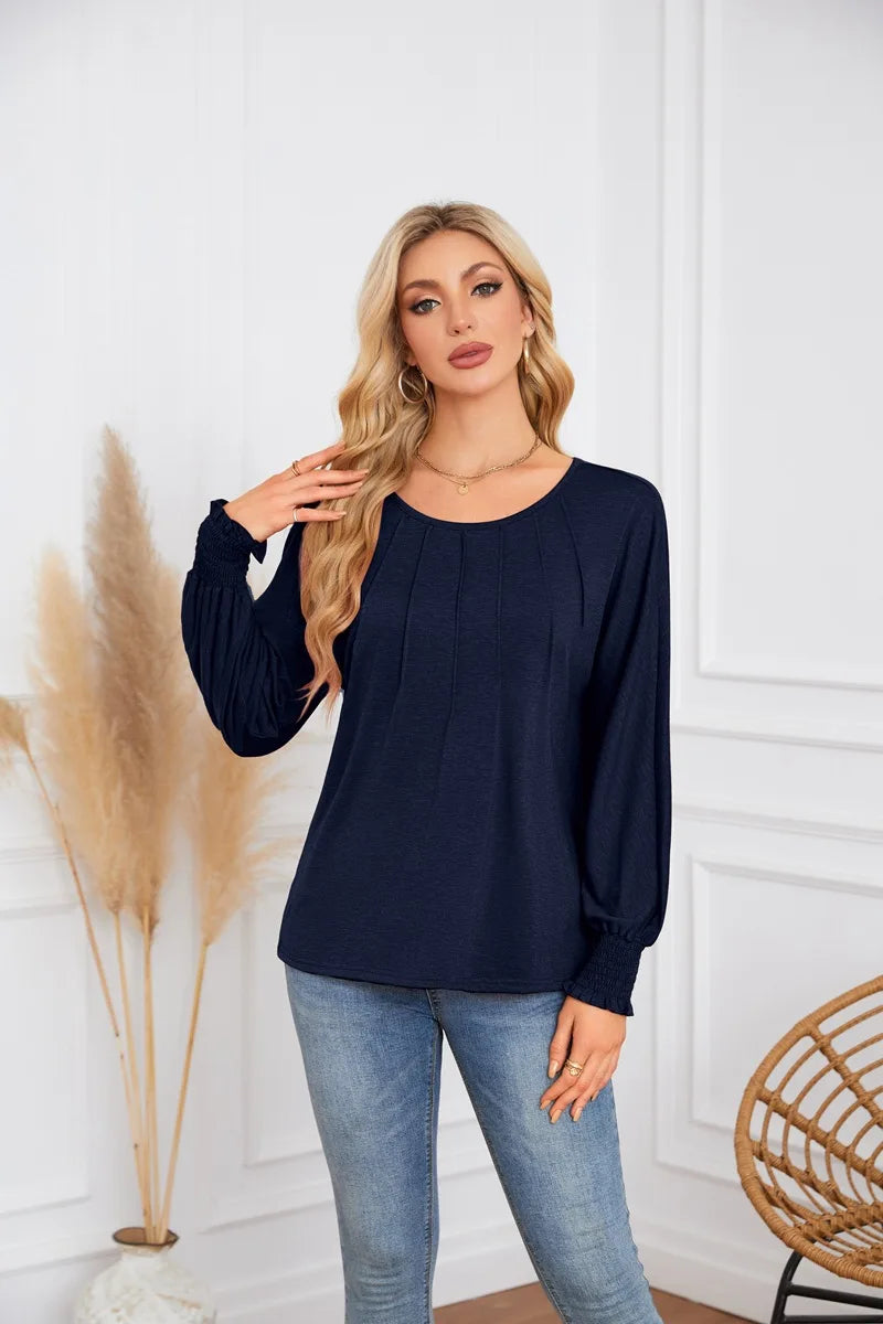 Woman Clothes Solid Color Pleated Top Round Neck Lantern Sleeves Loose Fit Multi Color Options Casual Outings Daily Wear