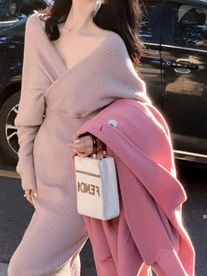 New Autumn/Winter Fashion Long Sleeve V-neck Knitted Solid Color Slim Fit Dress For Women,5 Colors