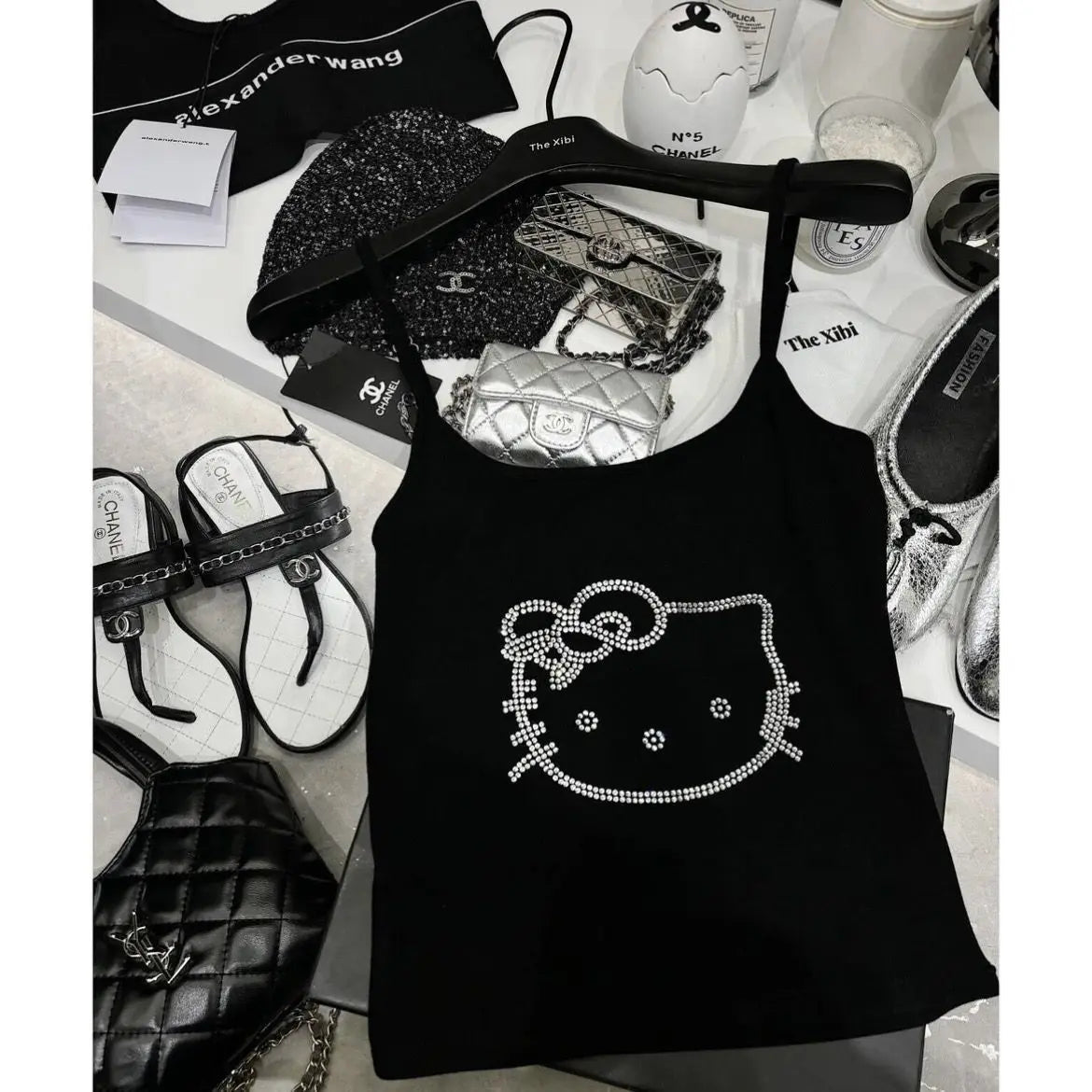Kawaii Hellokitty Fashion Women Clothing Y2K Tops with Breast Pad Cute T-Shirt Girls Summer Cropped Tops White Sexy Suspender