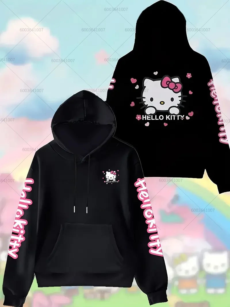 Fleece Women's Hello Ketty Hoodies Hoody Sweatshirt Cute Anime Character Pullover Autumn Winter Oversized Coats Sweats Casual