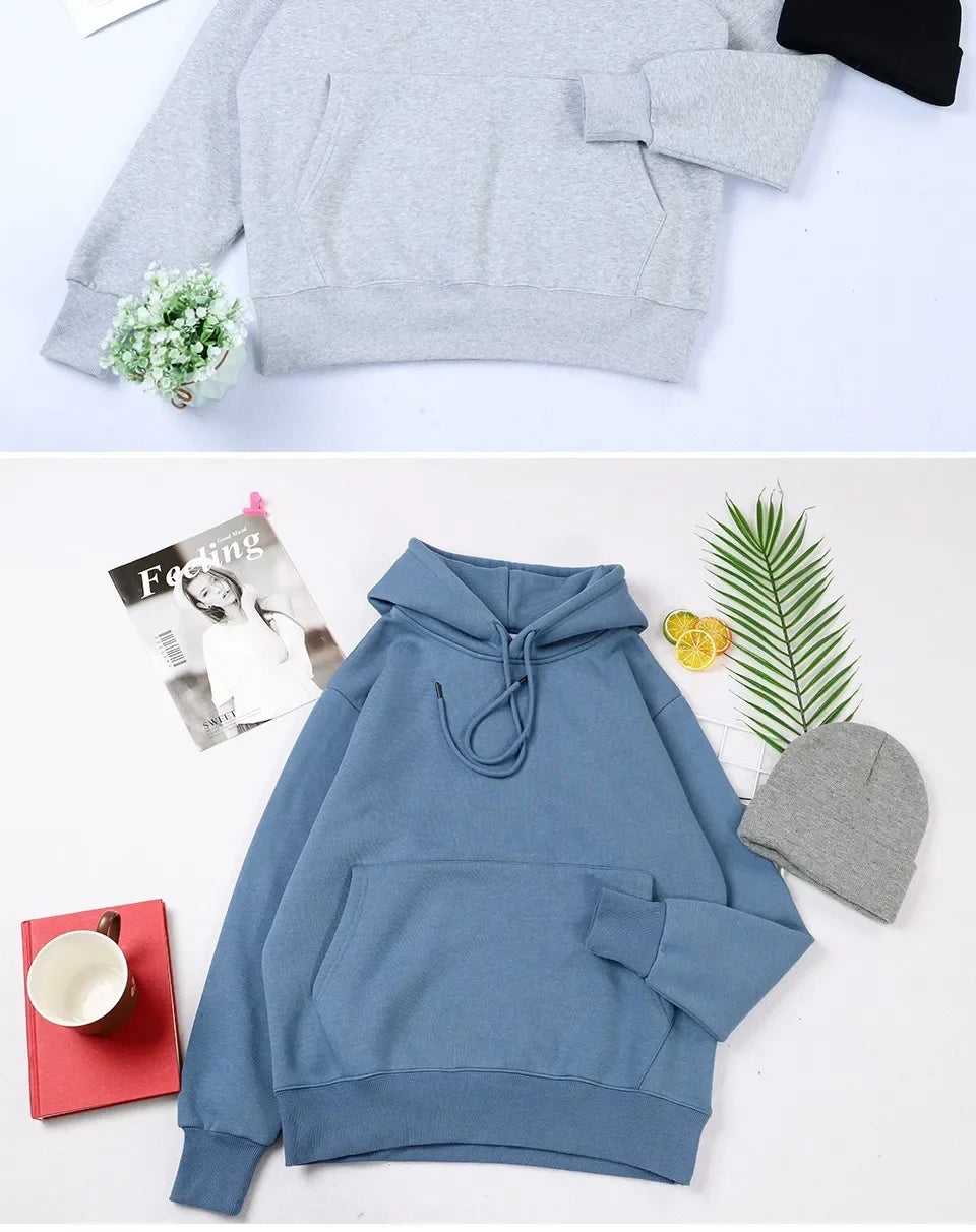 Autumn casual women's solid color hoodie, comfortable stretch sports shirt, loose pocket warm clothes, fashionable street men's