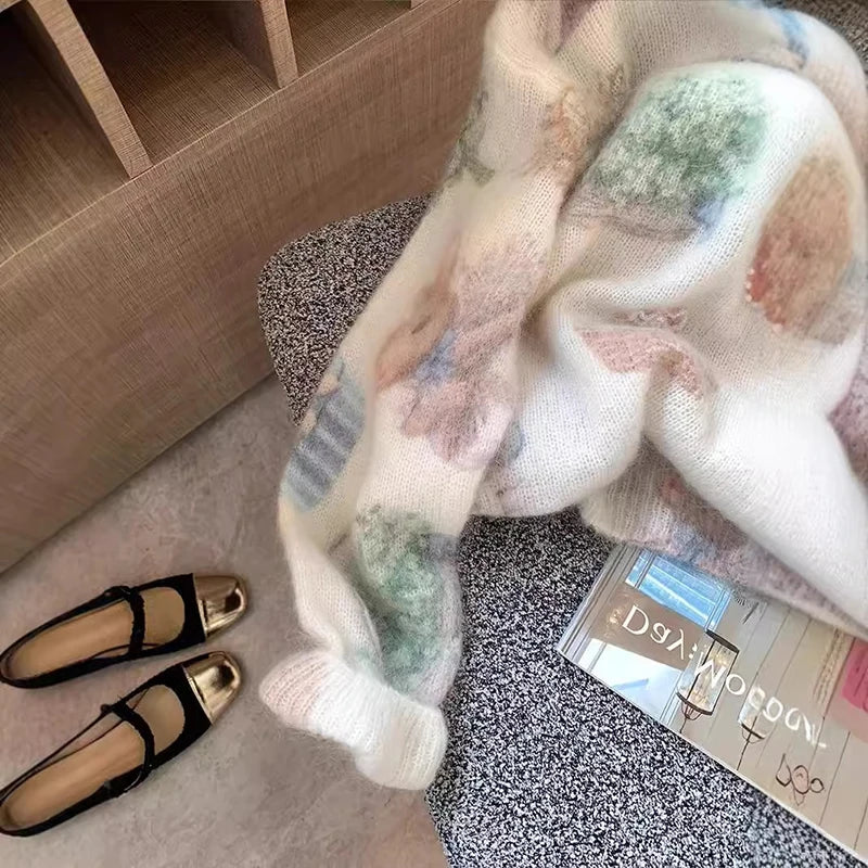 Fashion Rabbit Printed Beaded Sweater Women's Autumn Winter New Soft Glutinous Design Sense Knitted Top Luxury Sequin Sweaters