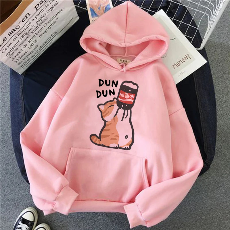 Cat Drinking Beverages Print Sweatshirts Clothes Women Casual 90s Kangaroo Pocket Hoodies Unisex Fashion Funny Hooded Pullovers