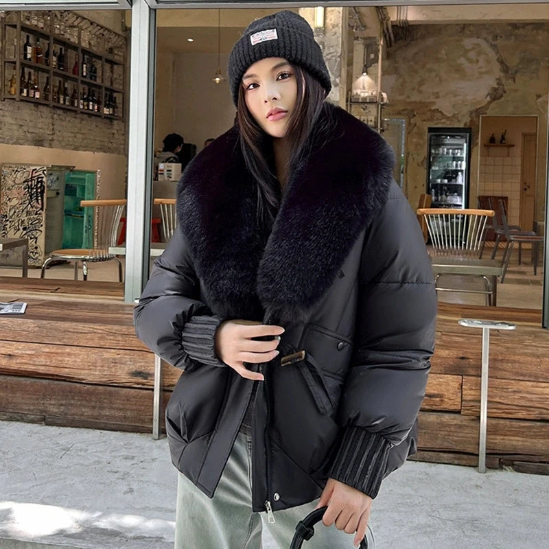 2025 Fashion Big Fur Collar Down Cotton-padded Jacket Women's Short Parkas Winter Streetwear Outerwear Lady Thicken Loose Coats