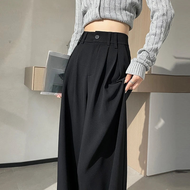 High Waist Autumn Winter Vintage Button Women's Wide Leg Pants 2025 New Loose Solid Korean Straight Full Length Trousers Female