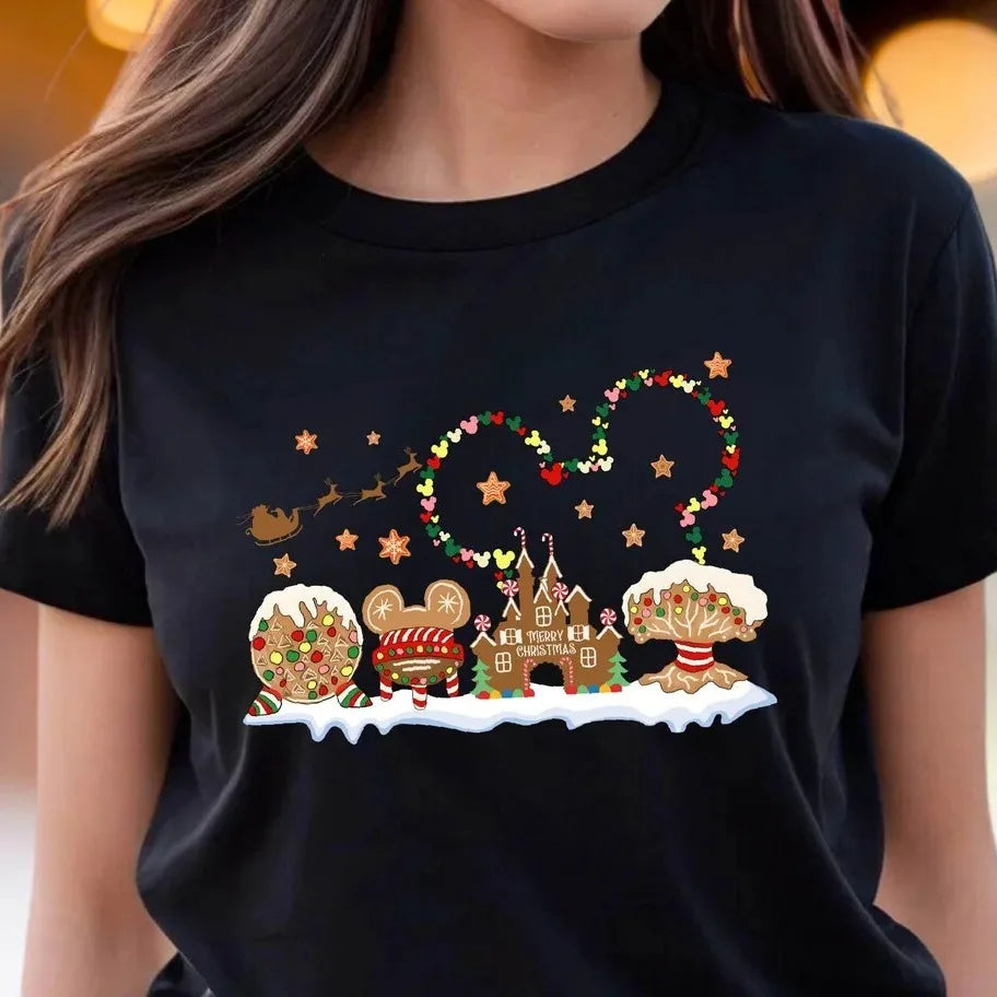 Christmas Gingerbread Shirt Short Sleeve Round Neck Casual Top Washable Holiday Party Tee for Women, Gnome Gift