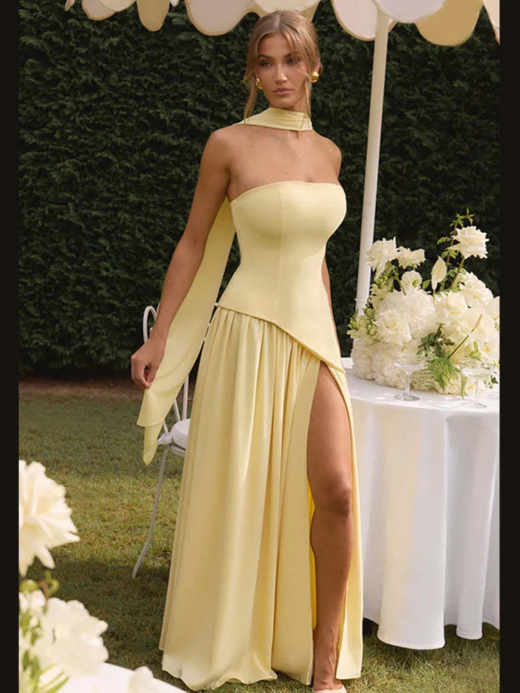 Elegant Ribbon Corset Long Dress Women Strapless High Waist Patchwork Dresses 2025 Summer Yellow Evening Party Wedding Guest New