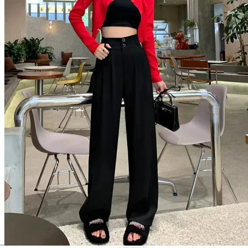 Korean style high waisted black loose pants for office ladies, fashionable loose suit pants for street wear, straight leg pants