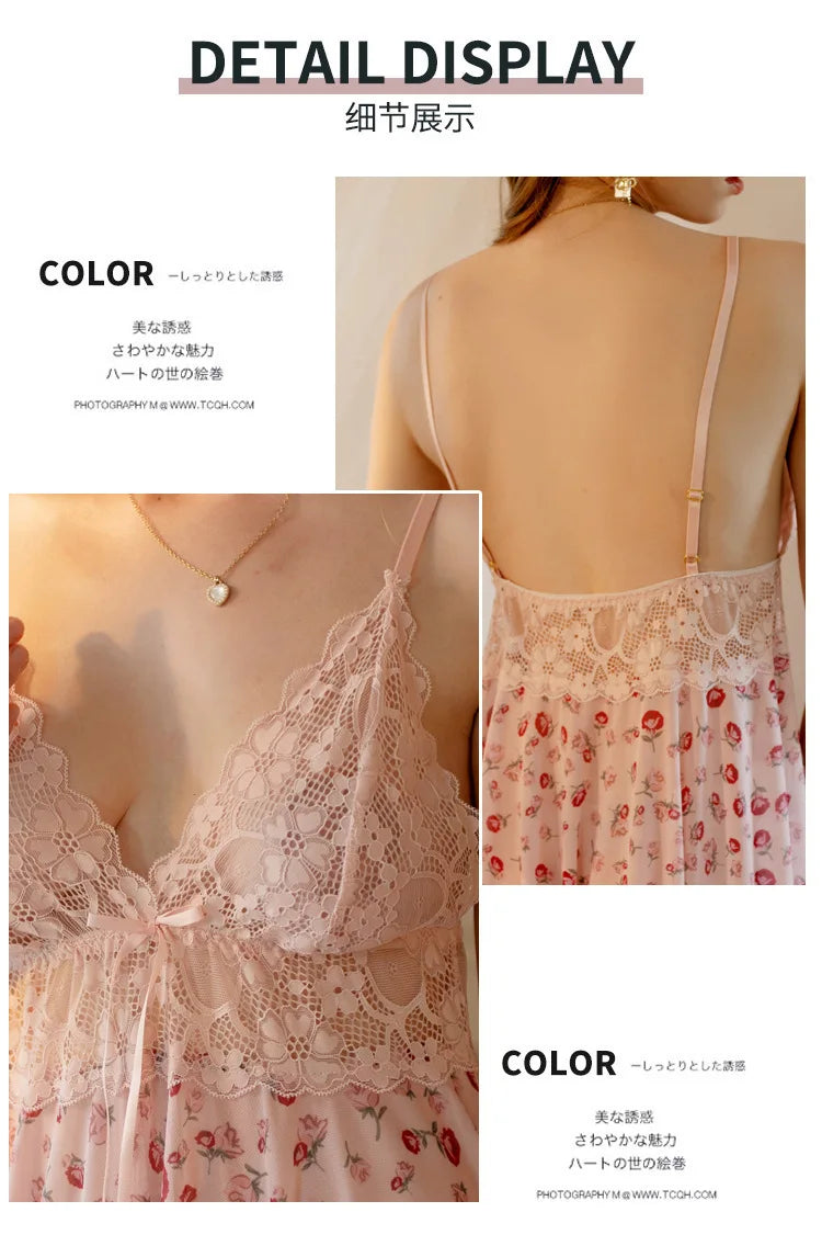 Sexy Lace Mesh Flower Print Dress Backless Deep V Suspenders Sleeveless Dress Pure Desire Charming Elegant Casual Beautiful B7VZ