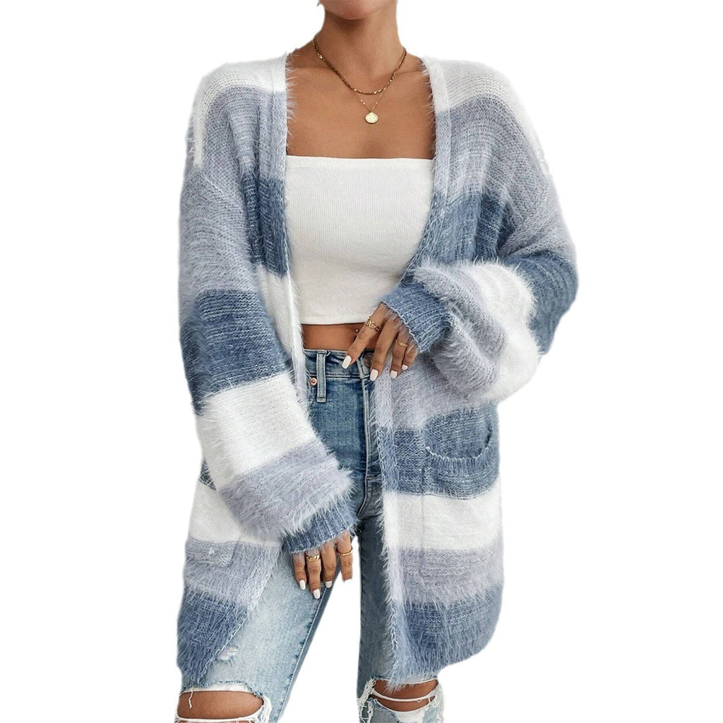 Women's Striped Colorblock Knitted Plush Coat