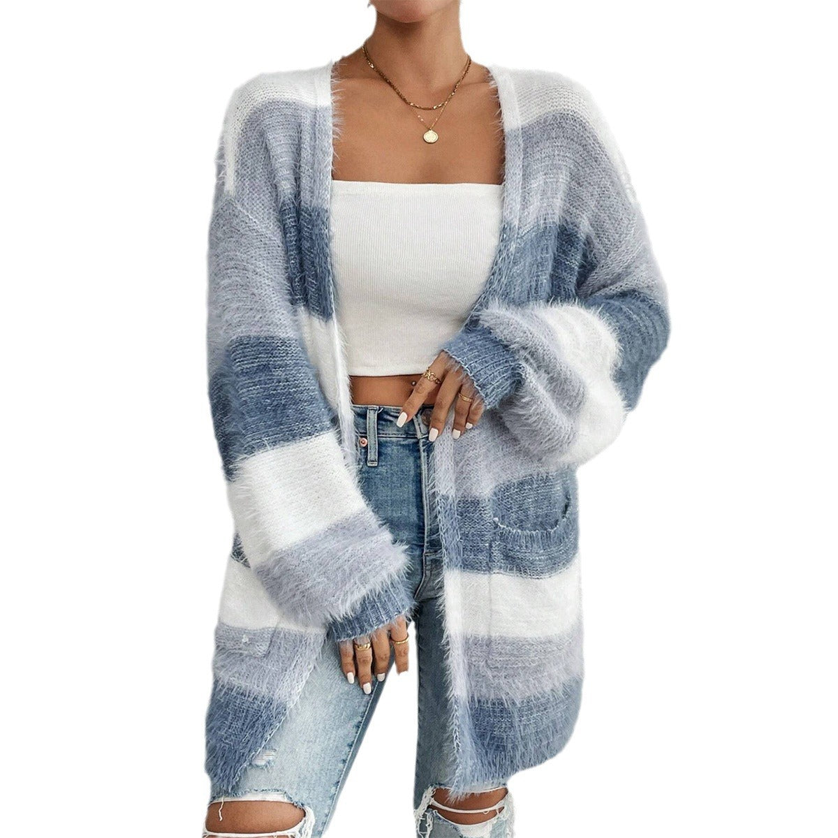 Women's Striped Colorblock Knitted Plush Coat